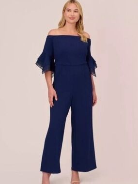 Adrianna Papell Navy Off-Shoulder Wide-Leg Jumpsuit with Layered Sheer Sleeves